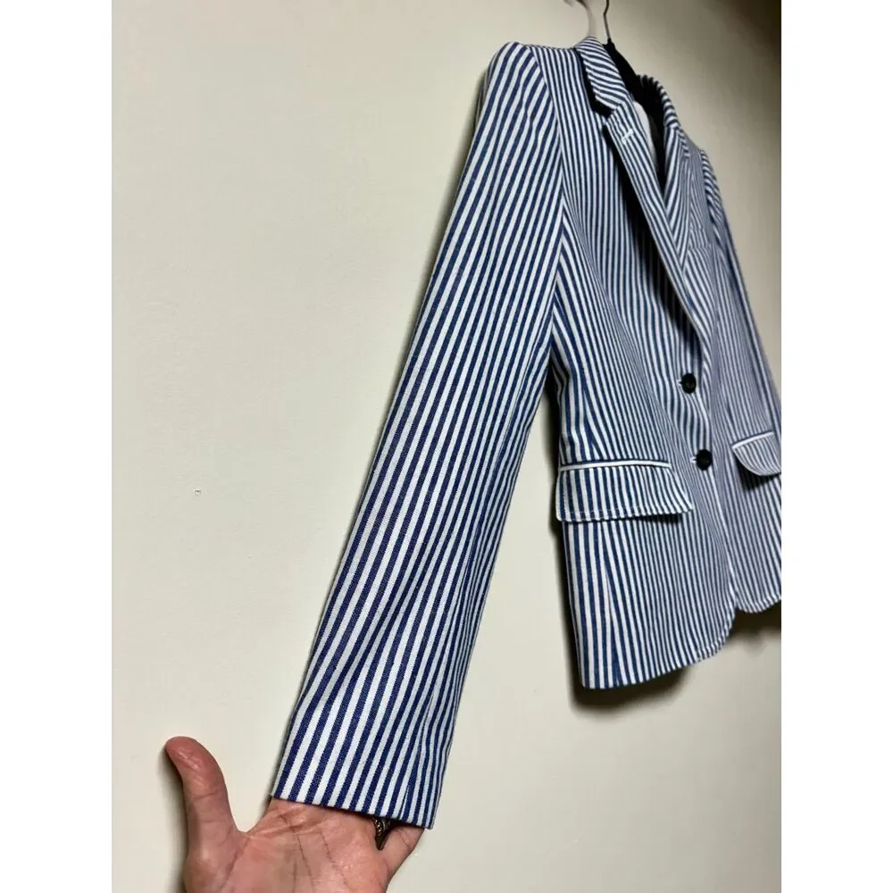 J. CREW FACTORY Blue/White Striped 2 Pocket 2 Button Blazer, Cotton Blend, Sz 2